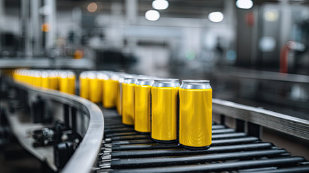 Yellow beverage cans are organized on a conveyor belt in a modern factory, showcasing the efficient production process in the beverage industry.の素材