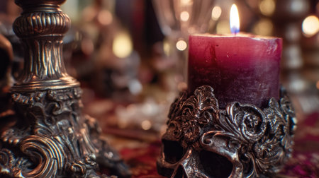 This atmospheric image features a candle in a skull holder, creating a spooky ambiance. Perfect for Halloween or gothic-themed decor, it sets a dark, mysterious mood.の素材