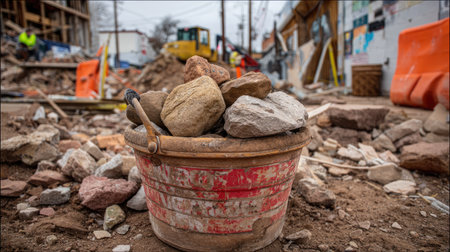 A close-up view of a bucket filled with rocks on a construction site, surrounded by debris and machinery, showcasing the challenges of urban demolition work.の素材