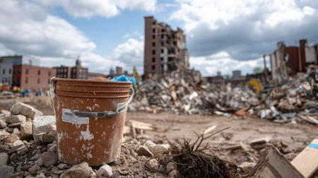 A close-up view of a construction bucket in focus, surrounded by demolition debris and rubble from a torn-down building in an urban environment.の素材