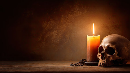 This image features a skull and a burning candle on a wooden table, creating a captivating and eerie atmosphere. The interplay of light and shadow evokes mystery and intrigue.の素材