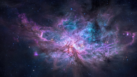 A stunning cosmic nebula presents a vibrant array of colorful gas and stars. This mesmerizing astronomical feature showcases the beauty of space and stellar formation.の素材