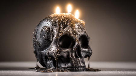 This striking image features a black skull candle with candles atop, melting wax dripping down its sides. The flames cast a warm glow, creating an eerie yet artistic ambiance. Perfect for themed events or decor.の素材