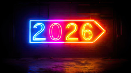 Captivating neon arrow sign displaying the year 2026 in vivid colors, perfect for themes of celebration, modern design, and creative inspiration.の素材