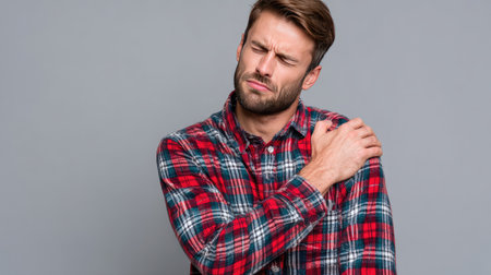 A young man in a flannel shirt expresses discomfort while holding his shoulder. This image captures the essence of casual fashion and personal health.の素材