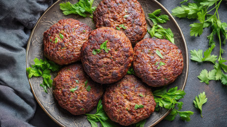 This image showcases mouthwatering homemade patties perfectly arranged on a plate with fresh green herbs. A great option for savory meals or snacks.の素材