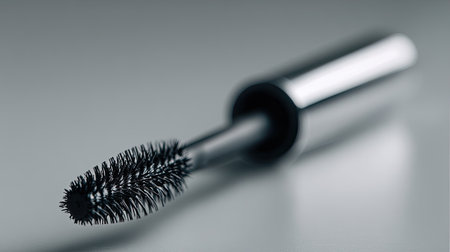 Captivating close-up of a mascara wand resting on a smooth surface. Perfect for beauty product marketing, highlighting makeup artistry and elegance.の素材