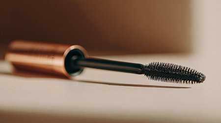 This close-up image features a black mascara wand emerging from a sleek copper tube, showcasing the elegance and detail of beauty products against a neutral background.の素材