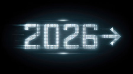 Vibrant digital countdown representing the year 2026 with a dynamic arrow. This modern graphic symbolizes innovation and the excitement of the future.の素材