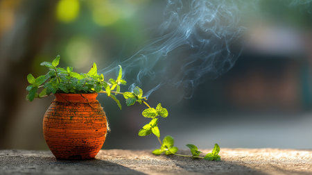 A vibrant green mint plant in a rustic terracotta pot emits soft smoke, highlighting the beauty of nature and tranquility. Perfect for herbal enthusiasts.の素材