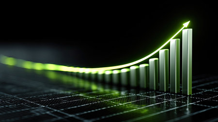 This image showcases a visually striking green growth graph with upward bars and an arrow, emphasizing financial success and data analysis. Perfect for business and finance projects.の素材