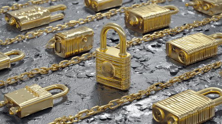 A collection of gold locks arranged on a textured metallic surface, showcasing various styles and chains. This image captures the essence of security and protection.の素材