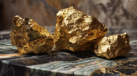 Impressive golden rocks resting on a dark marble surface, showcasing intricate textures and gleaming surfaces, ideal for luxury themes, elegance, and geology.の素材