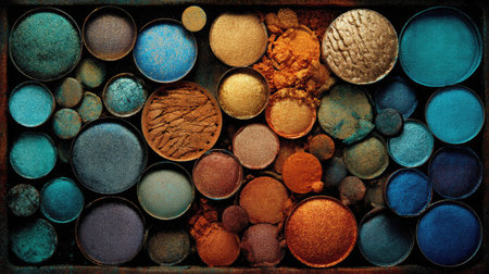 A stunning assortment of colorful powders arranged in round containers, showcasing a variety of textures and shades. Ideal for creative projects and artistic inspiration.の素材