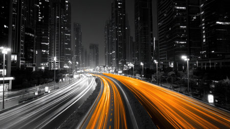 A stunning night cityscape featuring vibrant light trails along a busy highway, showcasing the dynamic energy of urban life amid towering skyscrapers.の素材