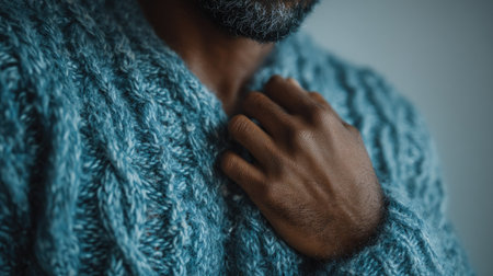 A close-up shot of a man touching his cozy, knitted sweater in a warm indoor setting. The image captures emotion and texture, highlighting comfort and style.の素材