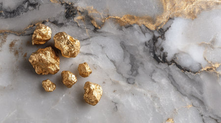 A collection of gold nuggets scattered on a sleek marble surface, ideal for designs focused on luxury, nature, or wealth. The contrast highlights elegance.の素材