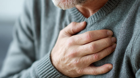 An elderly man shows concern as he holds his chest in distress, portraying a moment of health anxiety. This close-up captures emotion and vulnerability.の素材