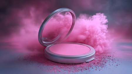 A beautifully captured image of soft pink cosmetic powder in a round container, with a vibrant dust cloud adding a dynamic touch, perfect for beauty-related projects and promotions.の素材