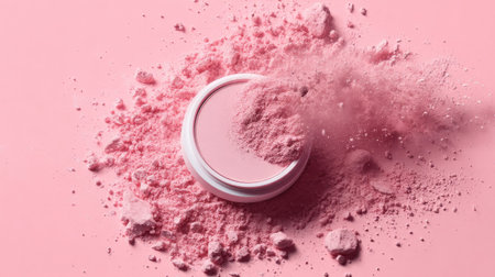 Delicate pink cosmetic powder spills from a container onto a soft pink surface, creating a visually appealing scene ideal for beauty and fashion presentations.の素材