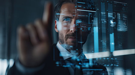 A businessman interacts with an advanced technology interface, showcasing data analytics and innovative digital solutions in a modern office environment.の素材