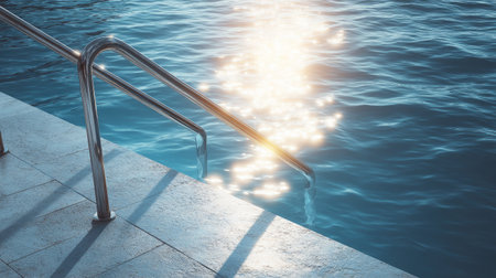 A tranquil scene capturing the sunlight reflecting on water with a poolside handrail. Ideal for themes of relaxation, summer, and leisure activities.の素材