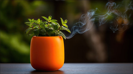 A vibrant orange pot houses a fresh mint plant, with a delicate smoke trail rising from it. This image captures tranquility and natural beauty, perfect for wellness themes.の素材