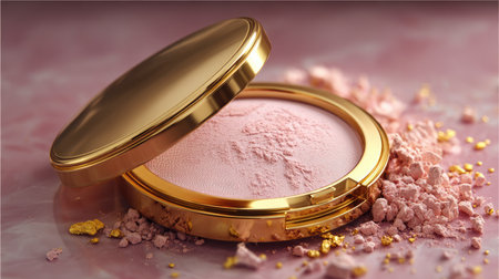 A stunning makeup compact featuring soft pink powder with gold accents. This elegant beauty item is perfect for showcasing fashion, style, and cosmetic artistry.の素材