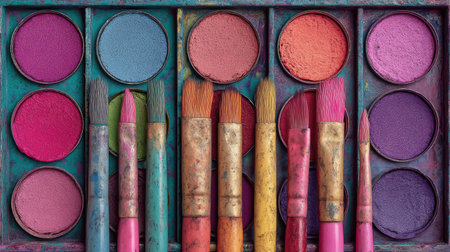 Explore a vivid eyeshadow palette featuring an array of vibrant colors and brushes, perfect for makeup artistry and beauty enthusiasts.の素材