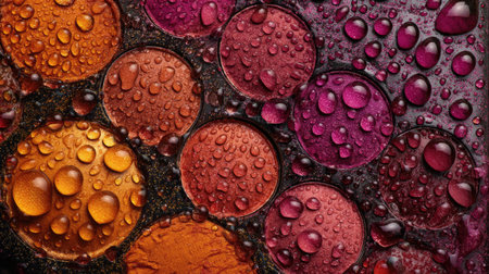 This image showcases vibrant droplets resting on various circular surfaces, creating an artistic and colorful composition. The reflections add depth and beauty.の素材