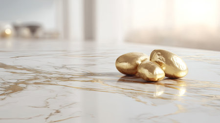 Three shiny gold decorative stones rest elegantly on a smooth marble table surface, creating a luxurious and serene ambiance, perfect for modern interior design.の素材