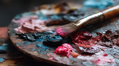 A close-up of a vibrant artist palette featuring various colorful paints and a paintbrush, perfect for showcasing creativity and artistic expression in your projects.の素材