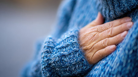 A close-up of a warm hand resting on a heart while wearing a cozy blue sweater captures the essence of comfort and emotion in a serene moment.の素材
