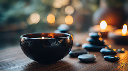 A tranquil scene featuring a candlelit bowl surrounded by smooth stones. The soft, warm glow creates a calming atmosphere perfect for relaxation and meditation.の素材