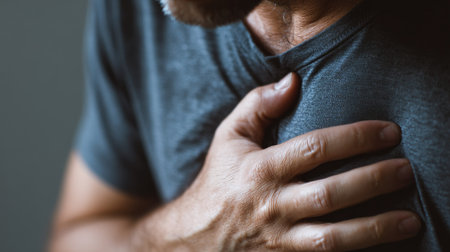 A man displays signs of discomfort by holding his chest, indicating a serious health concern or emotional distress. Suitable for health-related topics.の素材