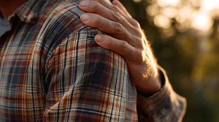 A close-up image capturing a gentle hand resting on a shoulder, symbolizing support and friendship during sunset, highlighting warmth and emotional connection.の素材
