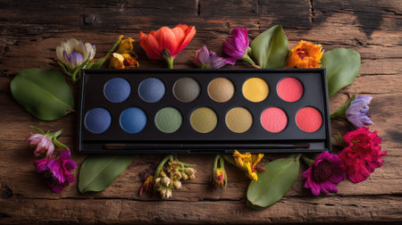 A vibrant makeup palette featuring twelve colorful shades elegantly displayed on a rustic wooden surface, surrounded by fresh spring flowers, perfect for beauty enthusiasts.の素材