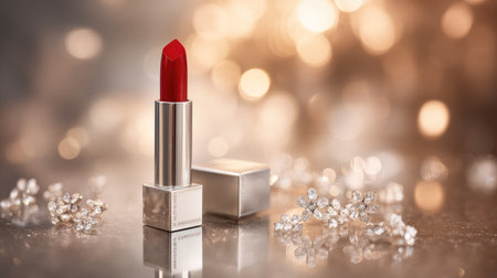 A striking red lipstick rests elegantly on a silver surface, surrounded by shimmering jewels and a dreamy bokeh backdrop, perfect for beauty promotions.の素材