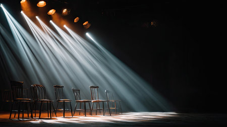 Captivating stage scene featuring empty chairs illuminated by dramatic spotlight beams, creating an artistic and atmospheric setting perfect for performances or artistic projects.の素材