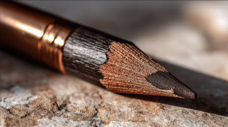 A detailed close-up of a sharpened graphite pencil resting on a textured stone surface, highlighting its intricate details and natural beauty.の素材