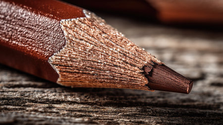 A detailed close-up image of a brown pencil tip resting on a textured wooden surface. The intricate details showcase the craftsmanship and material quality, ideal for education and art themes.の素材