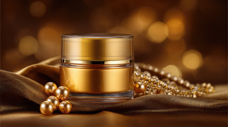 This image showcases a luxurious gold cream jar elegantly placed on rich satin fabric, surrounded by pearls, creating an opulent beauty aesthetic perfect for skincare products.の素材