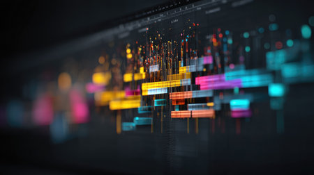 This abstract image showcases a vibrant data visualization with colorful graphs and lines, representing dynamic data patterns and information analysis in a modern digital setting.の素材