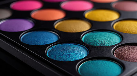 A close-up view of a vibrant makeup eyeshadow palette featuring a variety of colorful shades. Ideal for makeup artists and beauty enthusiasts seeking inspiration for creative looks.の素材