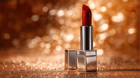 A striking close-up of a red lipstick against a shimmering gold backdrop, perfect for beauty and cosmetic marketing. The elegant design highlights luxury and glamor.の素材