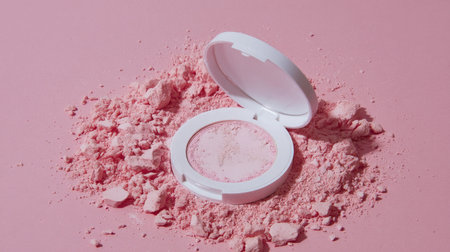 A beautifully styled open compact of soft pink makeup powder sits among scattered powder on a matching pink background, highlighting beauty and elegance.の素材