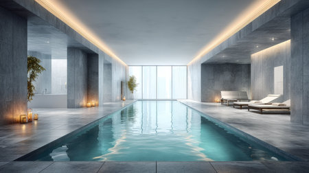 This stunning indoor swimming pool features a sleek design with natural light enhancing the serene atmosphere, perfect for relaxation and wellness.の素材