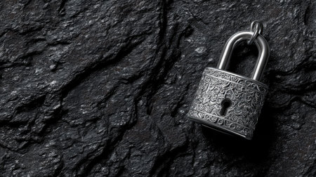 A beautiful ornate silver padlock rests on a dark textured rock surface. The intricate design highlights craftsmanship and symbolizes security and protection.の素材