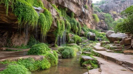 Discover a serene canyon filled with vibrant green foliage, gentle waterfalls, and natural rock formations. This tranquil landscape invites exploration and peace.の素材