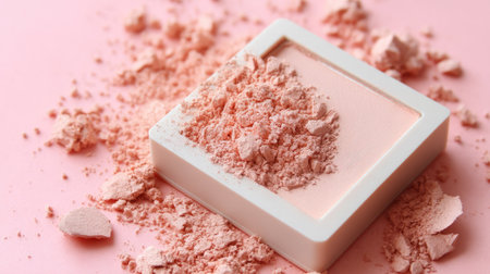 A visually appealing flat lay of a powder cosmetic in a sleek container, surrounded by loose powder on a soft pink surface, perfect for beauty-related themes.の素材